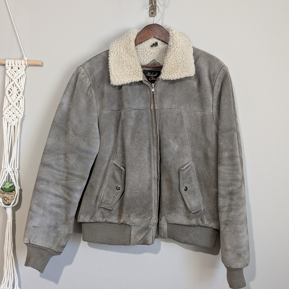 Vintage Suede Leather Shearling Oversized Flip Collar Grey Bomber Heavy Coat 44